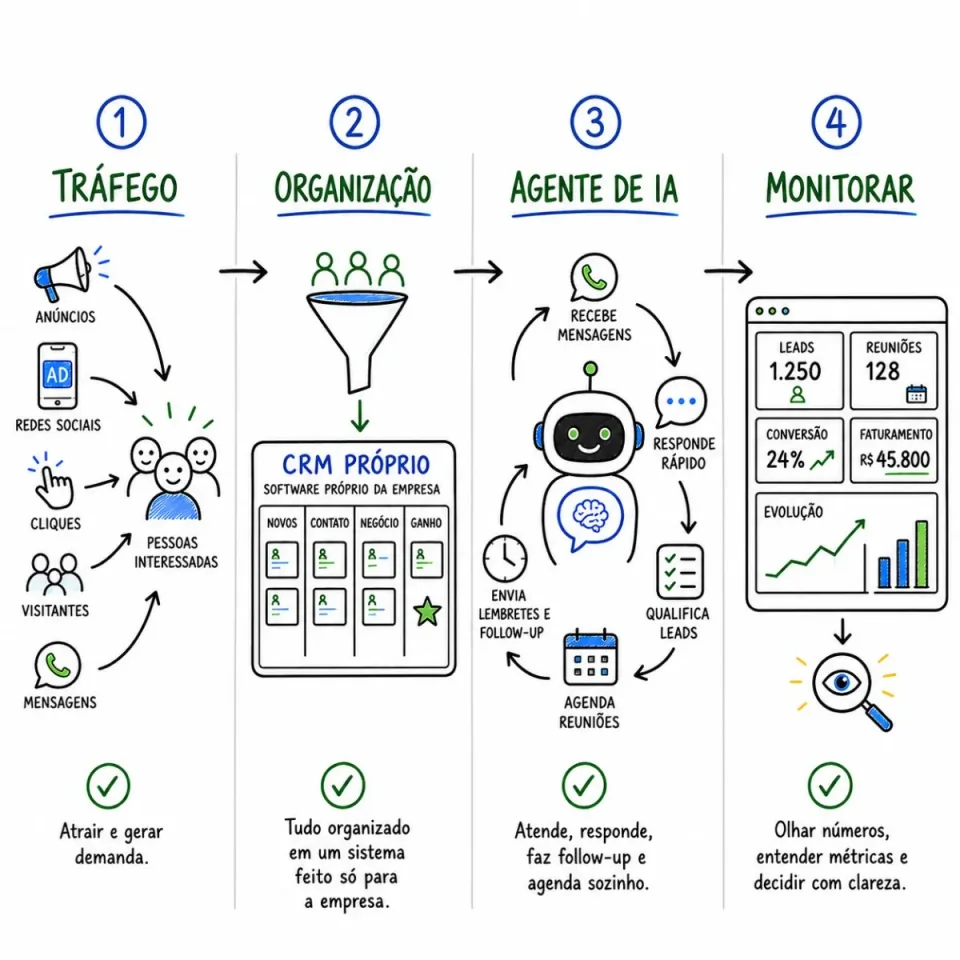 Fluxo do método: tráfego, organização no CRM, agente de IA e monitoramento de resultados
